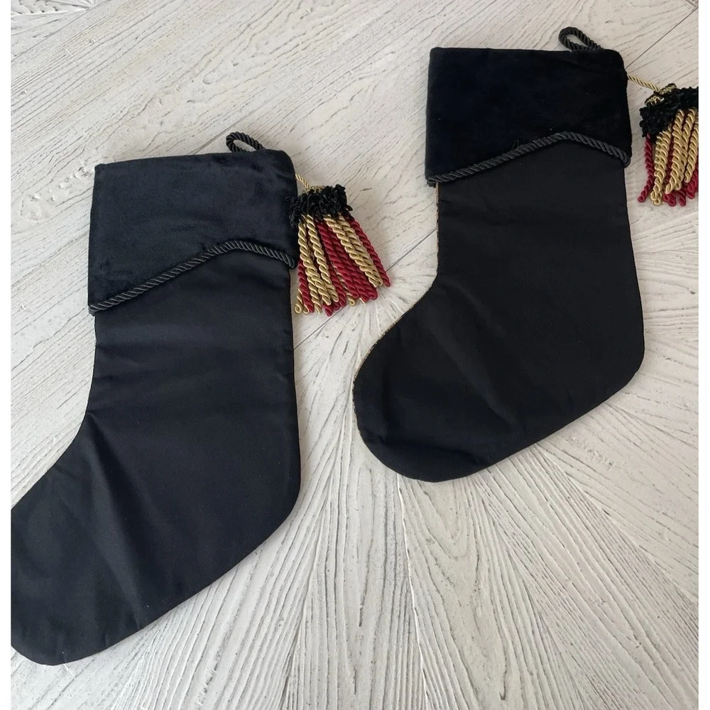 Set of 2 Lg Quality Leopard‎ Print Black Fur Trimmed Christmas Stockings Tassels